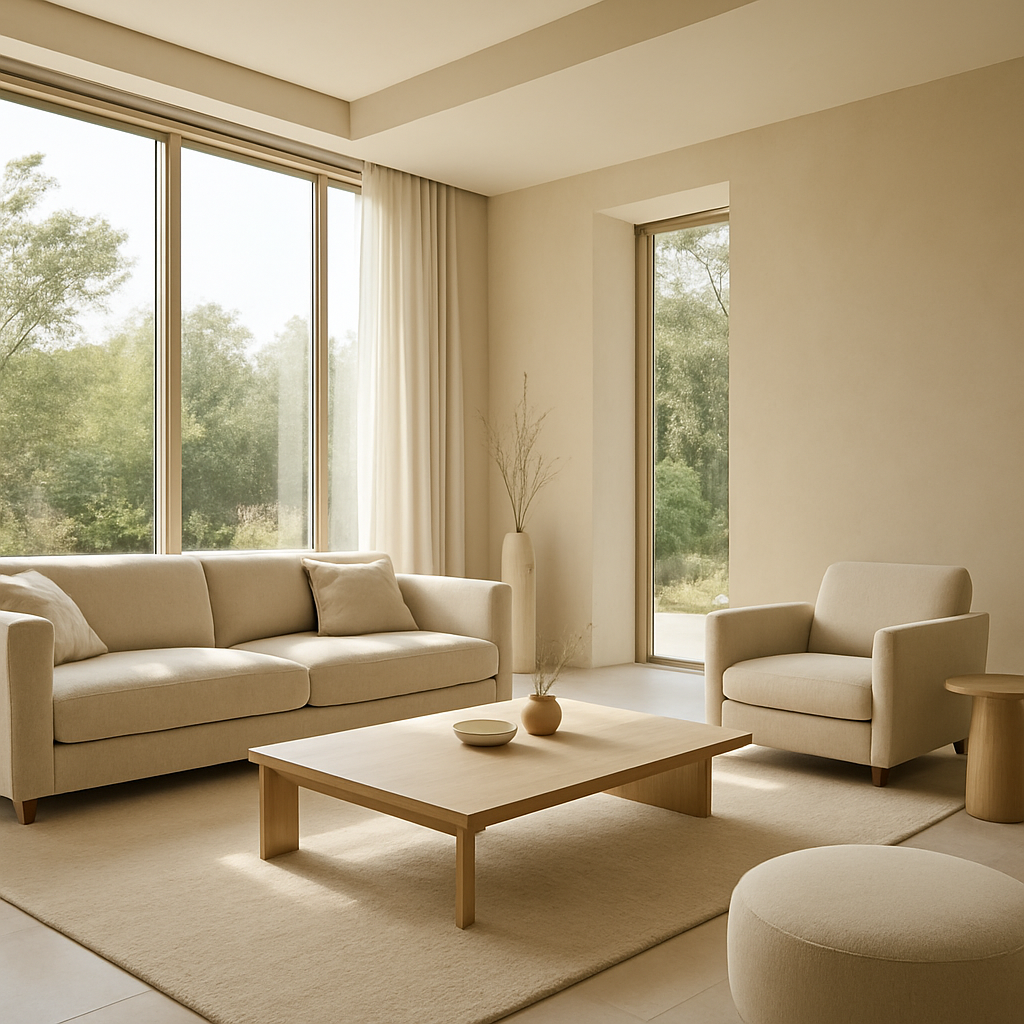 Salón contemporáneo con grandes ventanales y luz natural